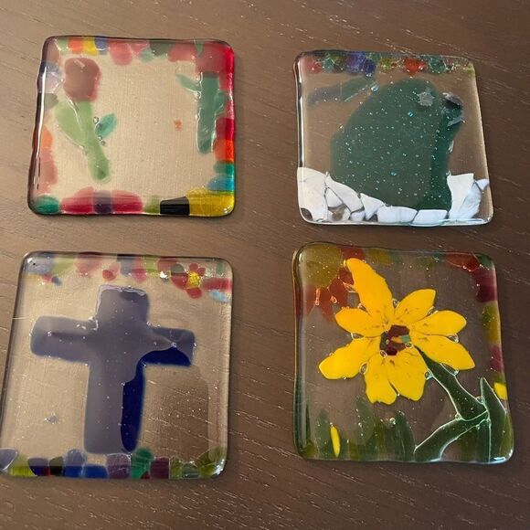 Glass Mosaic Colorful Coasters Yard Art set of 4 - Picture 1 of 13
